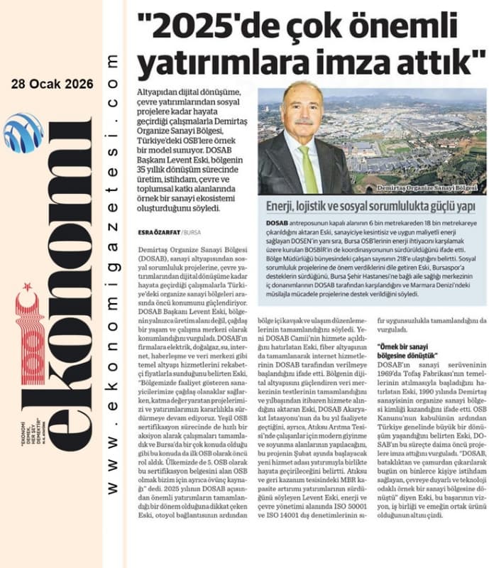 DOSAB, 2025 Yatırımlarıyla Ekonomi Gazetesi’ nde yer aldı